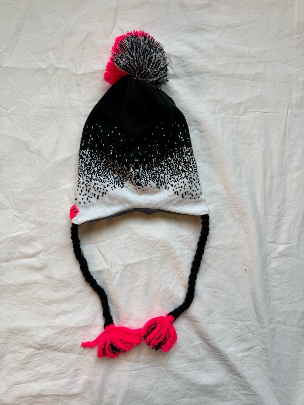 Under Armour Black, White & Neon Pink Pom Pom Earflap Beanie